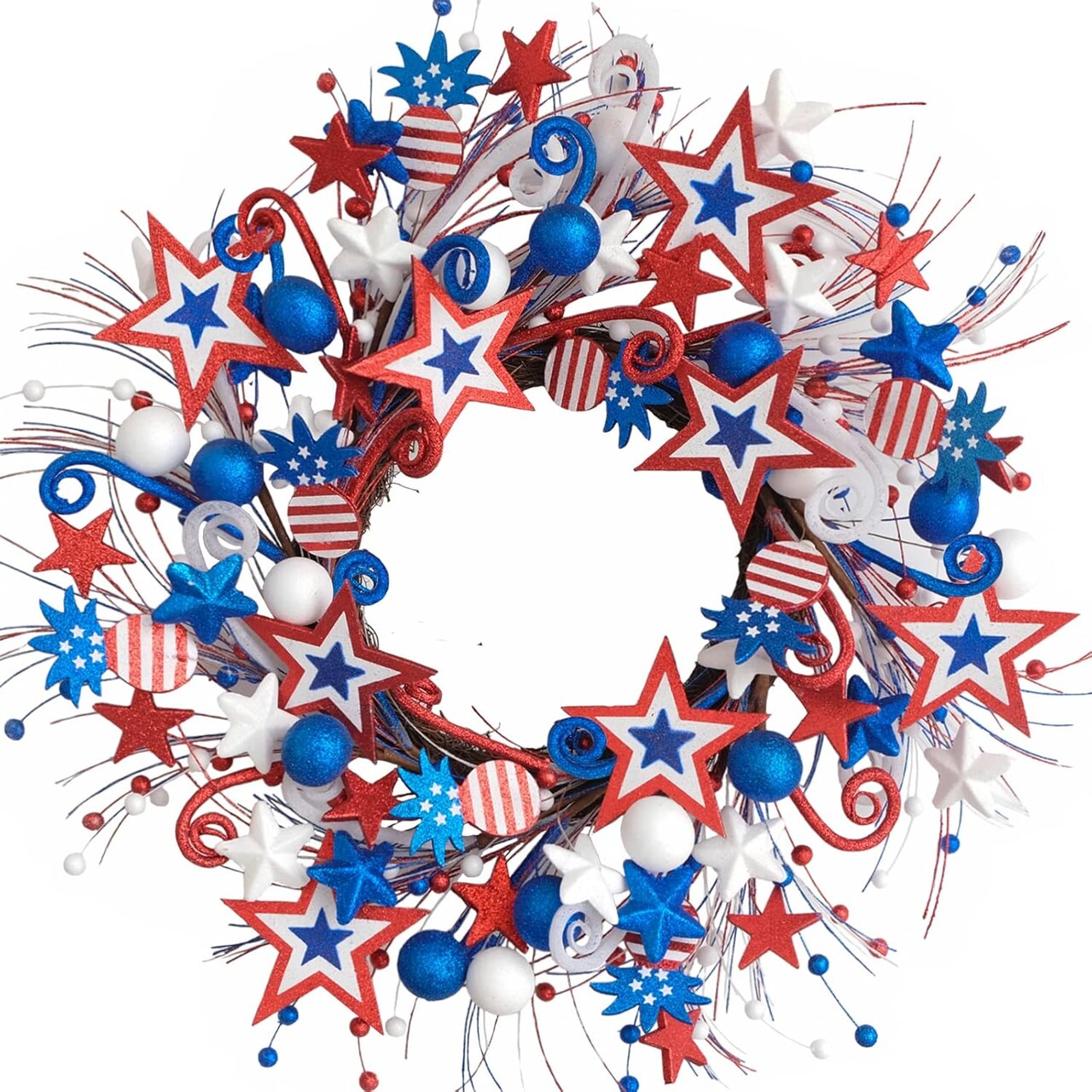 22 Inch Patriotic Glitter Stars Pineapple Wreath for Front Door, Memorial Day Glitter Red White and Blue Wreath for Home Decor, Forth of July Holiday Wreath for Indoor and Outdoor